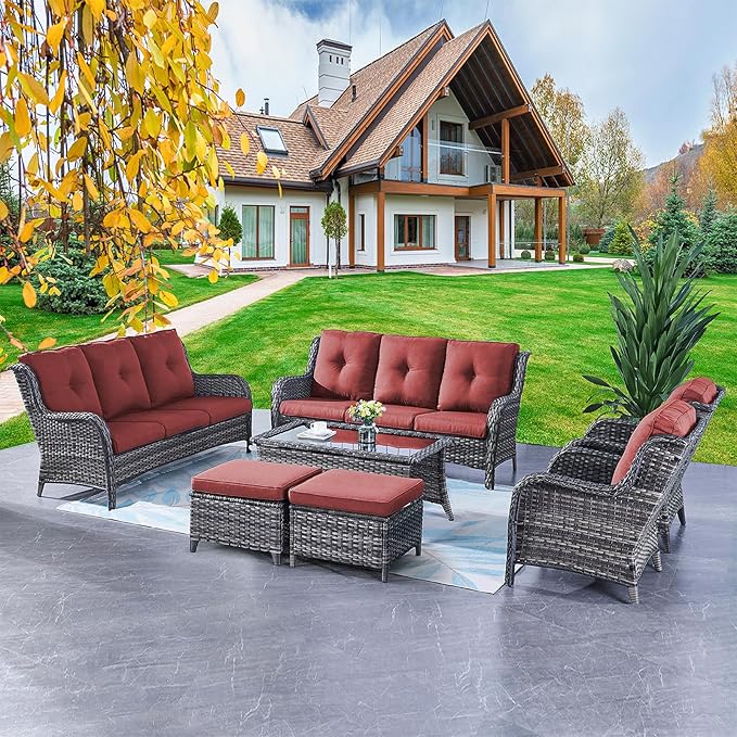Rilyson Wicker Patio Furniture Sofa Set - 7 Piece Rattan Outdoor Patio Sectional Conversation Sets with 2 Sofa,2 Armrest Chairs,1 Coffee Table and 2 Ottomans for Porch Deck Garden(Mixed Grey/Red)