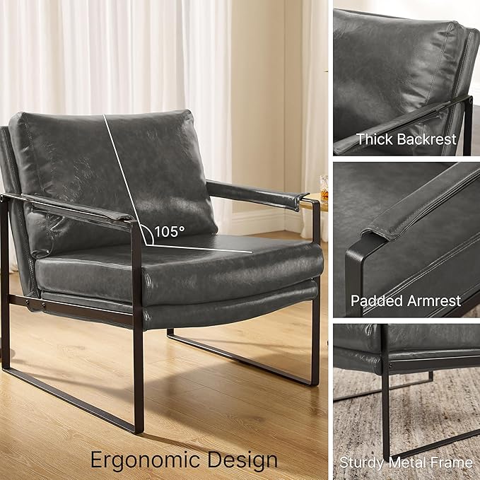 Zouron Mid Century Modern Accent Chair with Black Metal Frame, Upholstered Living Room Chairs with Pillow, Reading Armchair for Bedroom, Office, 1 Pcs, Gray