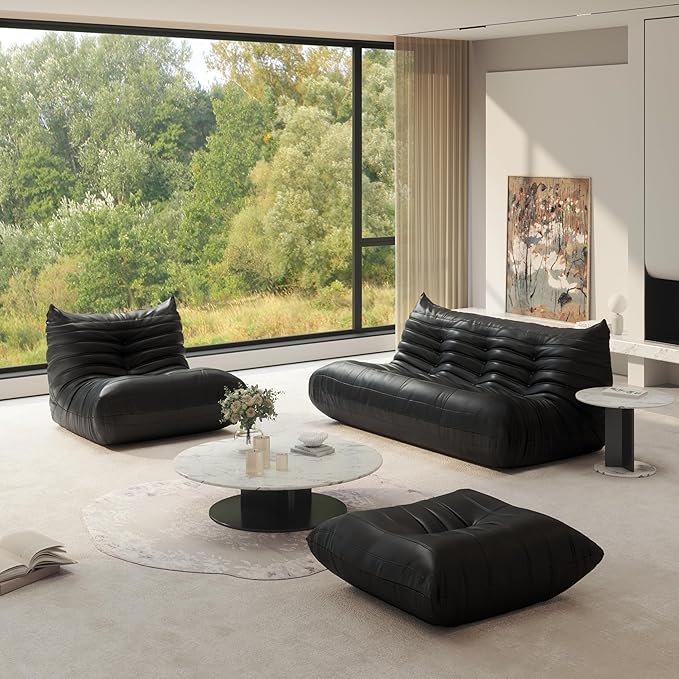 Fireside Chair Lazy Floor Sofa Set, Cozy Memory Foam Bean Bag Chairs, Faux Leather Giant Bean Bag Chair Couch, Armless Foam Couch Lounger Tatami Recliner for Living Room Bedroom Dorm Office