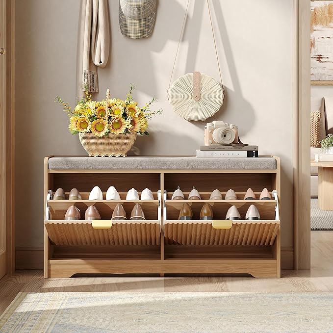 Maupvit Fluted Shoe Bench with Storage, Narrow Wooden Entryway Bench with Removable Cushion & 2 Flip-Drawers, Shoe Cabinet Bench, Farmhouse Boho Shoe Rack for Entrance, Hallway, Living Room (Natural)