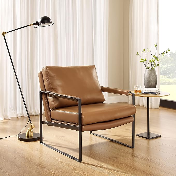 Volans Mid Century Modern Genuine Leather Accent Chair with Arms for Living Room, Metal Frame Armchair Reading Chair, Lounge Chair Single Sofa for Bedroom Office, Brown
