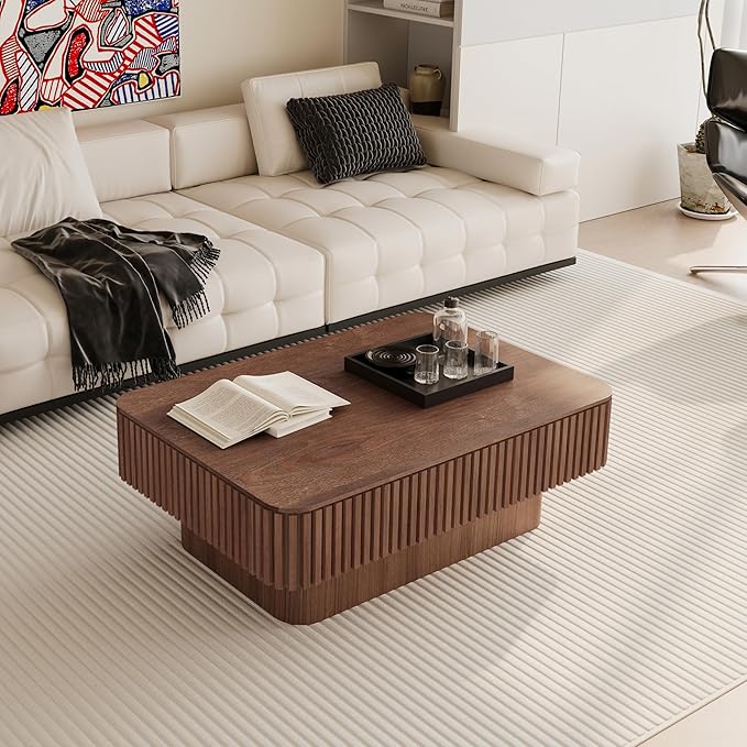 FGXJY Lift Coffee Table with Storage & Adjustable Height, Solid Wood Coffee Table Fluted Center Table Accent Tea Table or Living Room, Apartment, Office (38.6" Walnut)