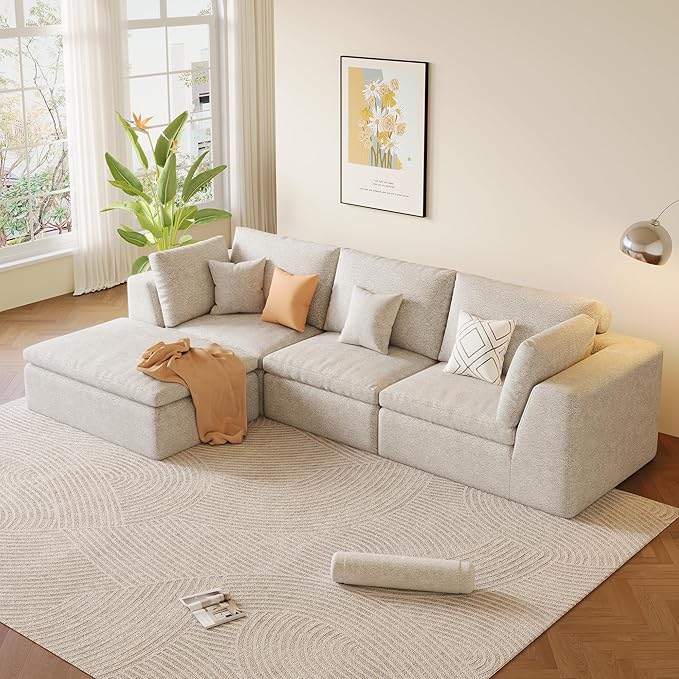 OTSLTSOO 39.4" Oversized Ottoman Foot Rest for Sectional Couch, Movable Cloud Rectangle Ottoman with Memory Foam and Soft Teddy Fleece, Modular Pouf, No Assembly Required, Non-Slip Bottom (Beige)