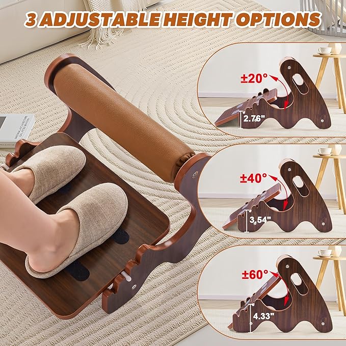 Foot Rest for Under Desk at Work- Adjustable Rocking Foot Stool with 3 Height Positions and Soft Crossbar, Ergonomic Wooden Footrest with Anti-Slip Surface for Home, Office