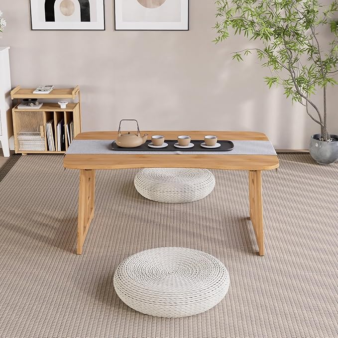 Japanese Bamboo Folding Floor Table for Sitting on Floor, Tatami Table Foldable, No Assembly, Low Tables for Small Spaces Living Room/Portable Zen Chabudai for Meditation - Light Brown
