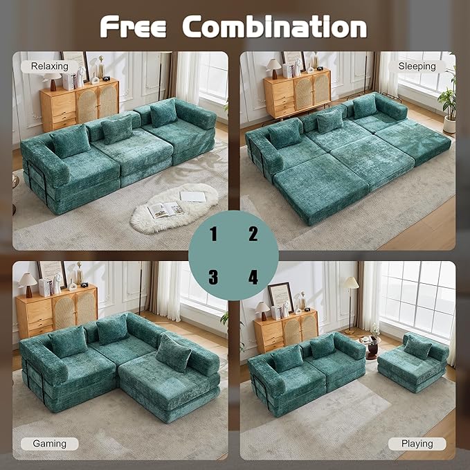 79" Convertible Sofa Bed with Pillows, Corduroy Folding Sleeper Sofa with Fixed-Shape Frame, Boneless Couch for Living Room Bedroom, Floor Sofa Lounge No Assembly Required (Modular Sofa - Green)