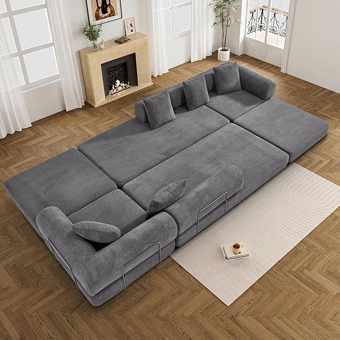 DAMAIFROM 157" Convertible Sleeper Sofa Bed Set with Pillow, 4-in-1 Corduroy Folding Mattress Boneless Couch with Fixed-Shape Frame, Fold Out Floor Sofa Cama Lounge Couch for Living Room, Grey