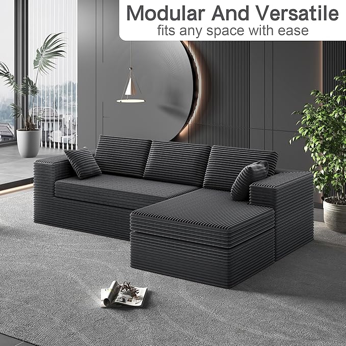 luckyvo 108-inch Boneless Couch for Living Room，Comfy Boneless Sofa with Deep Seats & Chaise Lounge, 3-Seat Modular Sofa Memory Foam Sectional Couches - No Assembly Required(Dark Grey)