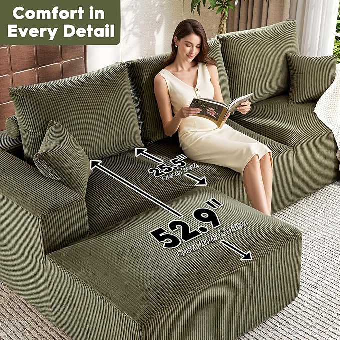WESTSETLUX 108” Cloud Sectional Sofa Couch with High-Seat, Corduroy Modular Sofa with Oversized Chaise, High-Back Modern L-Shaped Couches for Living Room, No Assembly Required (Green)