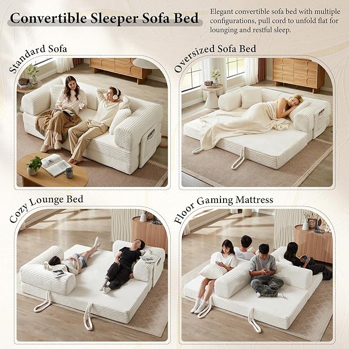 Chorlenimi Boneless Couch Futon Sofa Bed Sectional Couches for Living Room,Cloud Couch with Sleeper Sofa,Sofas for Living Room Oversized Corduroy Upholstered (White, 81 Inches (with Iron Frame))