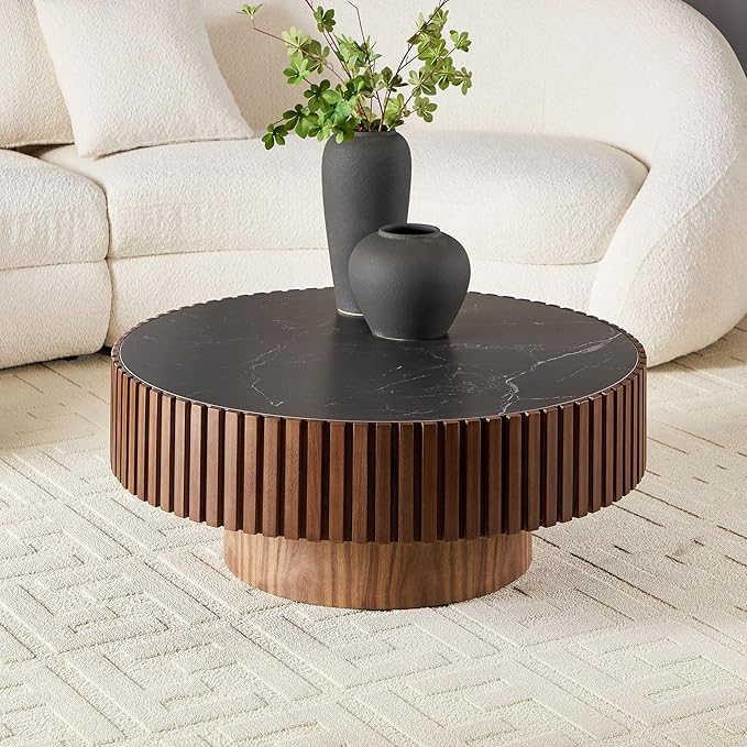 35.43''/90CM Modern Drum Coffee Table, Luxury Circle Wood Coffee Table for Apartment,Small Space (Walnut, Ø35.43 x 13.77 Sintered Stone Tabletop)