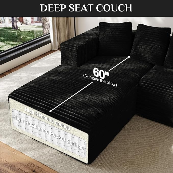 Modular Sectional Sofa, 107" L Shaped Cloud Couch Plush Corduroy Deep Seat Boneless Sofas with 5 Pillows Long Chaise Lounge Couches Memory Foam for Living Room - Black, Left Facing Chaise