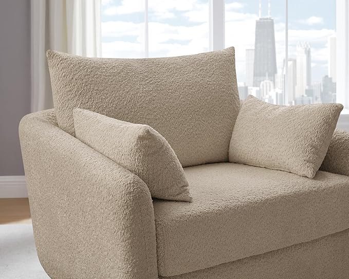 UNUQLIVCO 360° Swivel Accent Armchair, 39.3" Oversized, Sherpa Boucle Fabric Sofa Chair with Removable Back & Arm Pillows, Swivel Chair with Cozy Soft Padded (1, Camel)