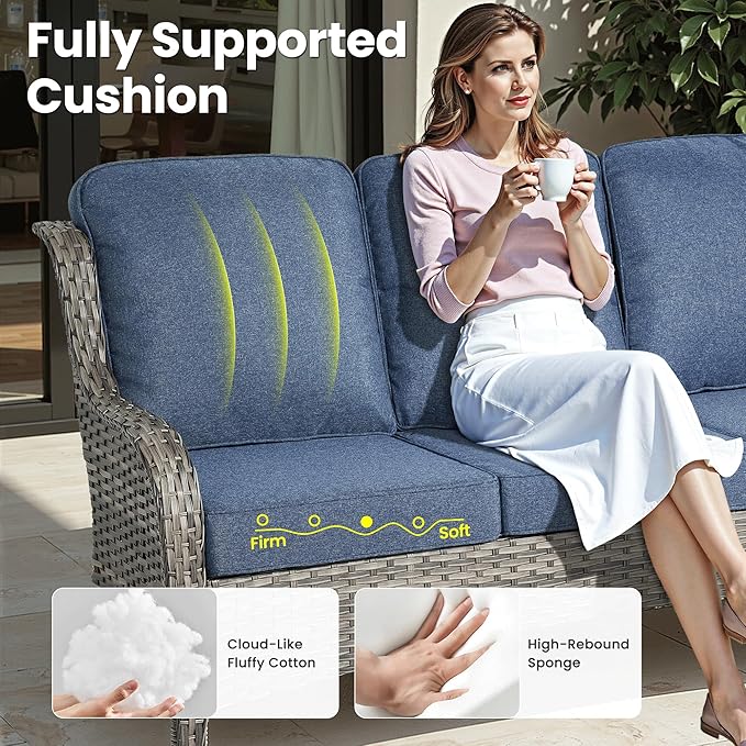 ovios 10 Pieces Patio Furniture Set, Outdoor Wicker Sofa Couch with Swivel Chairs 54" Fire Pit Table, High Back Modern All Weather Conversation Sets, Grey Rattan, Denim Blue