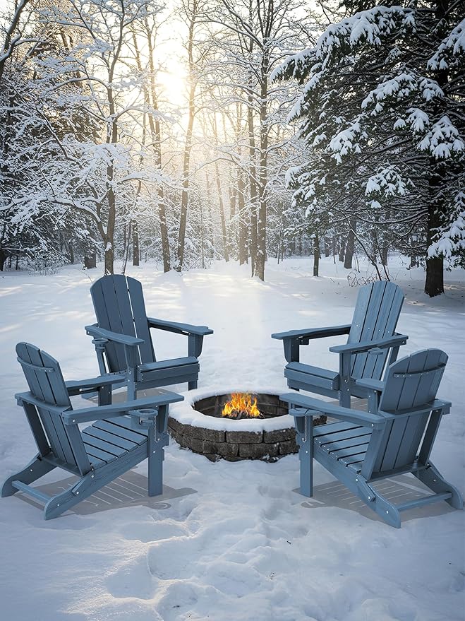 KINGYES Folding Adirondack Chair Set of 2, Dual Cup Holders & All-Weather HDPE, Wood-Like Patio Chair for Backyard, Camping, Pool & Fire Pit, Blue