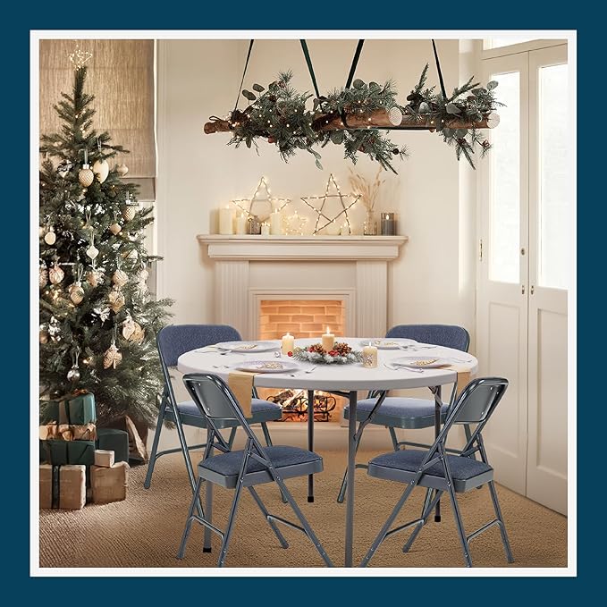 OEF Furnishings OEF2200 Series Heavy-Duty Premium Fabric Padded Upholstery Double-Hinged Folding Chairs (4-Pack, Midnight Blue)