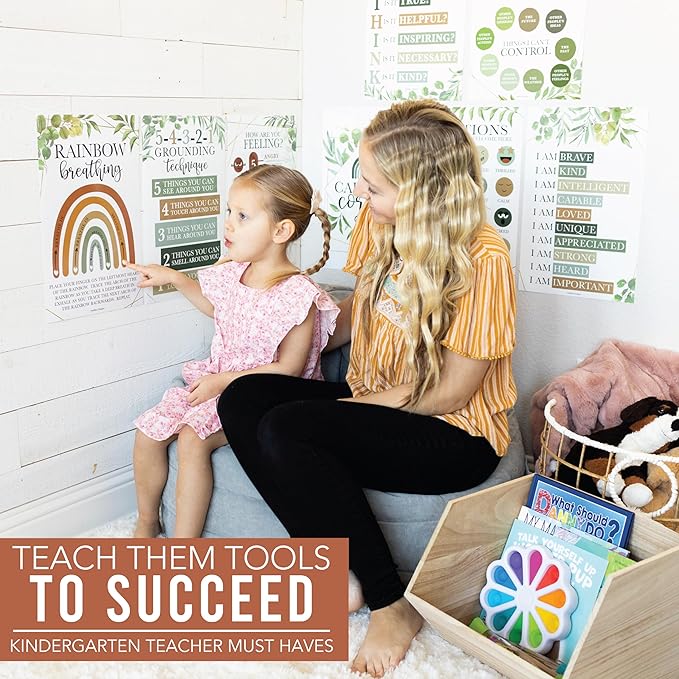 Hadley Designs 8 Calming Corner Posters for Classroom Must Haves for Teachers - 11x17 Calm Down Corner Supplies, Feelings Chart for Kids Ages 4-8, Toddler Emotions Chart, Greenery Classroom Decor