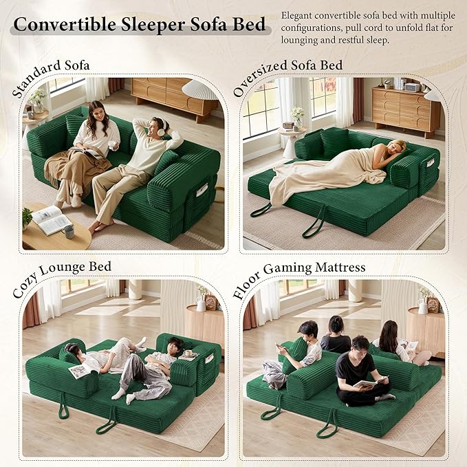 Chorlenimi Boneless Couch Futon Sofa Bed Sectional Couches for Living Room,Cloud Couch with Sleeper Sofa,Sofas for Living Room Oversized Corduroy Upholstered (Green, 81 Inches (with Iron Frame))