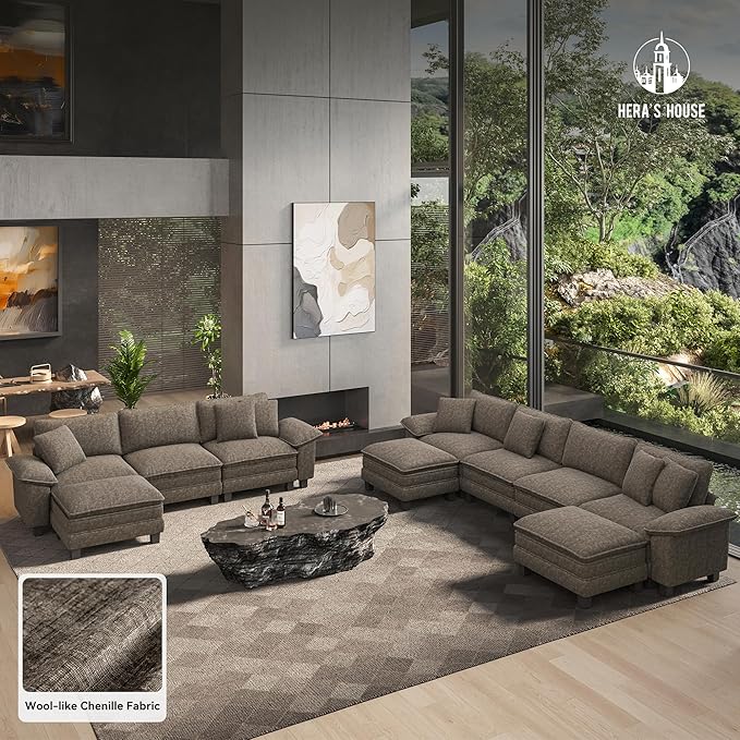 HERA'S HOUSE 158" Modular Sectional Sofa, Oversized U Shaped Couches for Living Room, Comfy Cloud Couch with Ottoman, 6-Seater Deep Seat Sofa with Throw Pillow, Chenille Ash