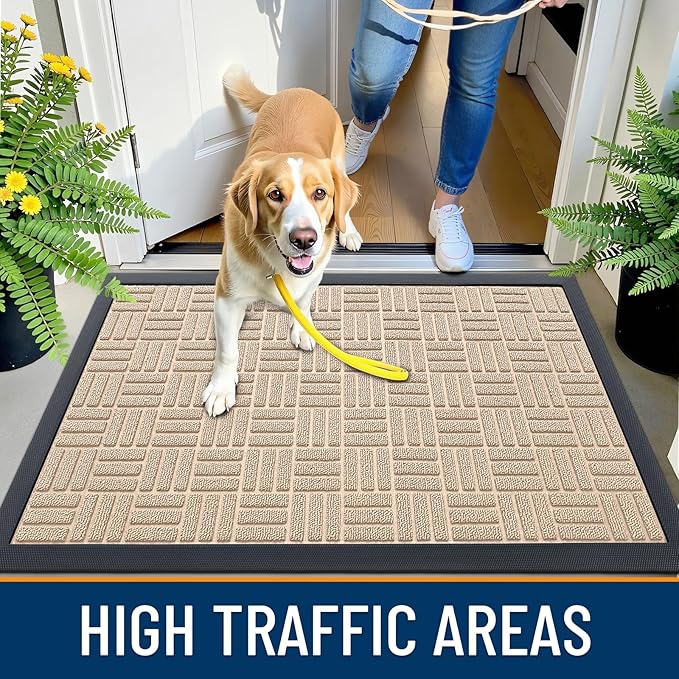 OLANLY Front Door Mat Outside Entrance 33x21, Absorbent, Heavy Duty Sturdy Natural Rubber Doormat Indoor Outdoor, Non-Slip, Stain and Fade Resistant, Low Profile Floor Mat for Entryway, Latte White