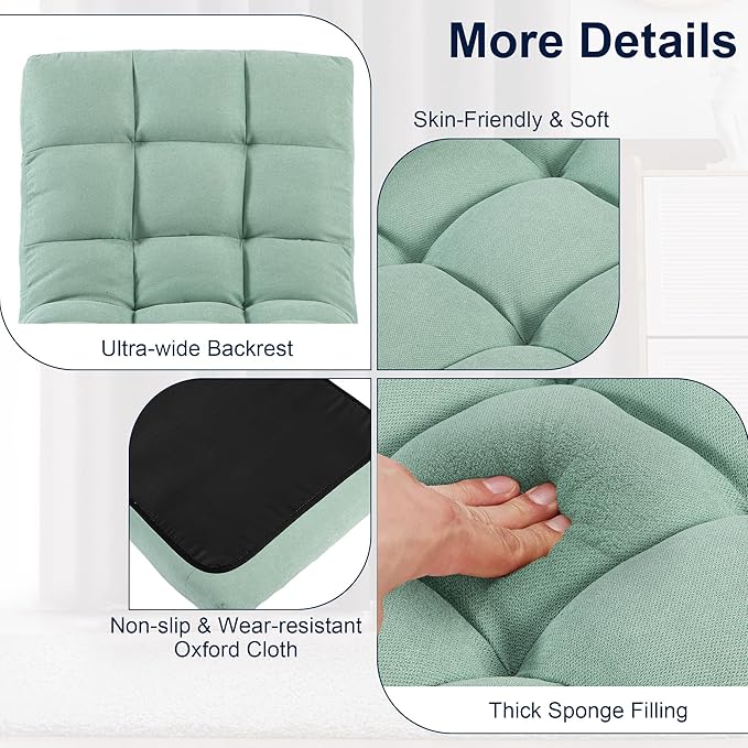 HOMYEDAMIC Folding Floor Chair with Back Support, Adjust Lay Flat Recliner Oversized Lounge Wide Lazy Boy Gaming Ergonomic Single Sofa Seat for Living Room Bedroom(Green)