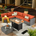 ovios Outdoor 8 Piece Patio Furniture Set with Fire Pit Table,Conversation Sectional Wicker Couch with Coffee Table,Modern Outside Sofa for Balcony Backyard, Orange