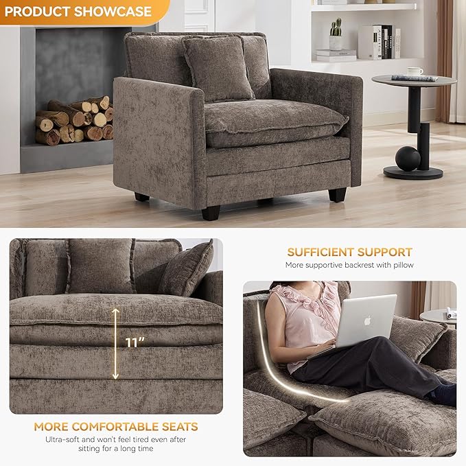 WUTUTUEE 41'' Modern Chenille Oversized Chair, Upholstered Accent Living Room Chair with Extra Thicked Deep Seat, Single Lounge Chair for Bedroom, Small Apartment, Brown