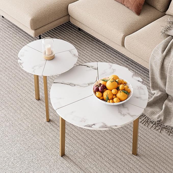 SUNBURY Coffee Table Nesting White Set of 2, Round Coffee Table 23.6", Side Tables for Living Room Bedroom Balcony Yard