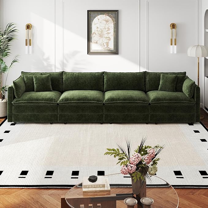 Aoowow Modular Sectional Sofa,147.2 Inch Deep 4-Seater Sofas Comfy Chenille Cloud Sofas and Couches with Pillows for Living Room Apartment（Green）