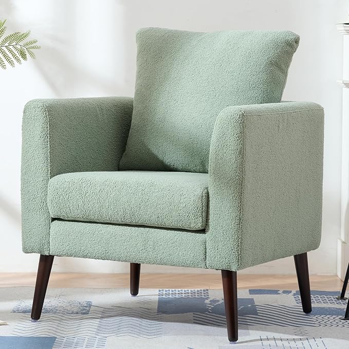 QKFF Barrel Accent Chair with Back Pillow, Large Teddy Upholstered Armchair with Solid Wood Legs Modern Reading Chairs for Living Room Bedroom