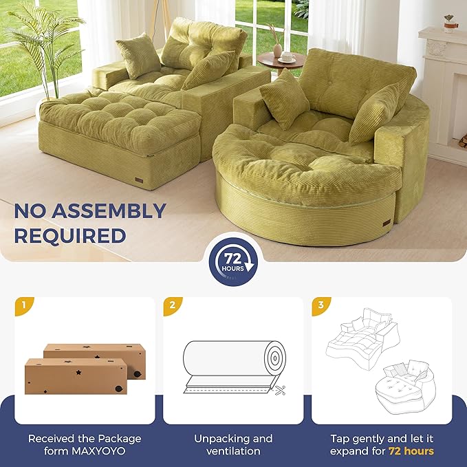 MAXYOYO Modular Sectional Chaise Lounge Sofa, 2 Sets Upholstered Lounge Chair with Ottoman, Comfy Round+ Square Couch with Layered Cushion, Tufted Sleeper Chair for Living Room, No Assembly, Green