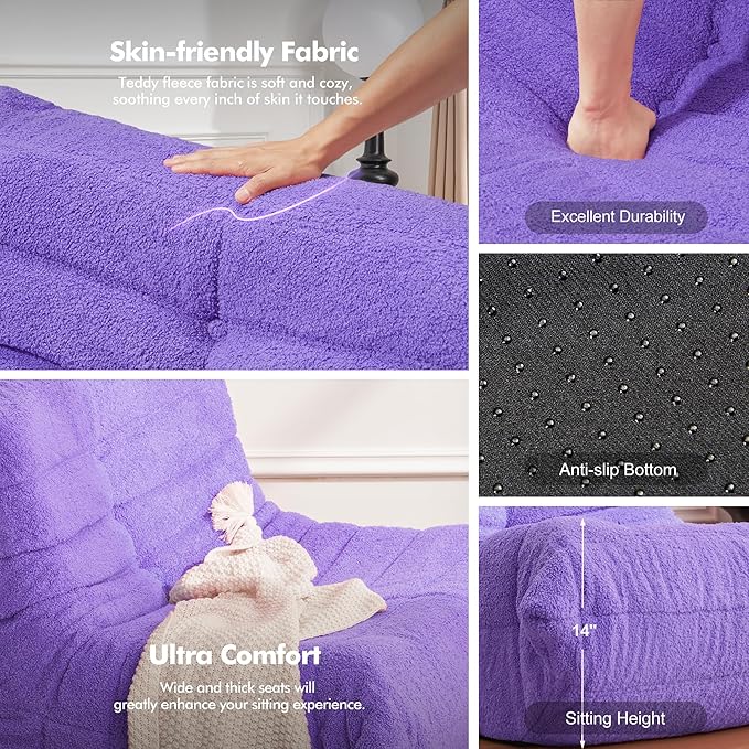 Bean Bag Chair Big Sofa Beanbag Chair for Adults Fireside Chair Bean Bag Lounger with Memory Foam Filled for Home,Apartment or Gaming Venue(Purple Teddy)