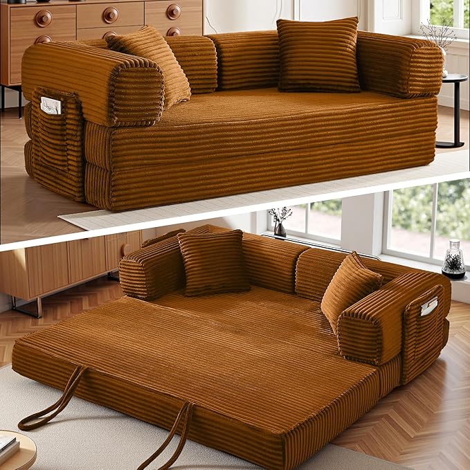 Chorlenimi Boneless Couch Futon Sofa Bed Sectional Couches for Living Room,Cloud Couch with Sleeper Sofa,Sofas for Living Room Oversized Corduroy Upholstered (Orange, 81 Inches (with Iron Frame))