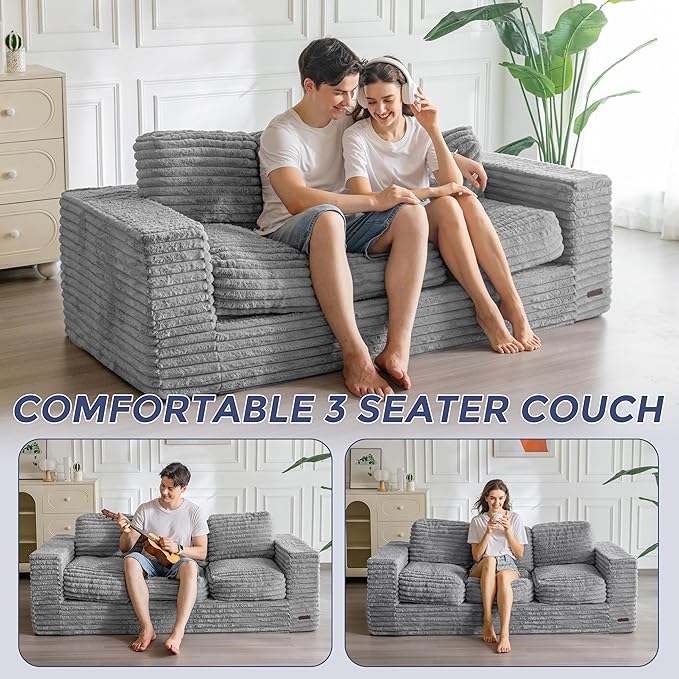 MAXYOYO 3-Seater Boneless Sofa Couch, Modern Faux Fur Sofa for Living Room, Soft Bean Bag Chair High-Density Foam Couch with Pillows, No Assembly Required