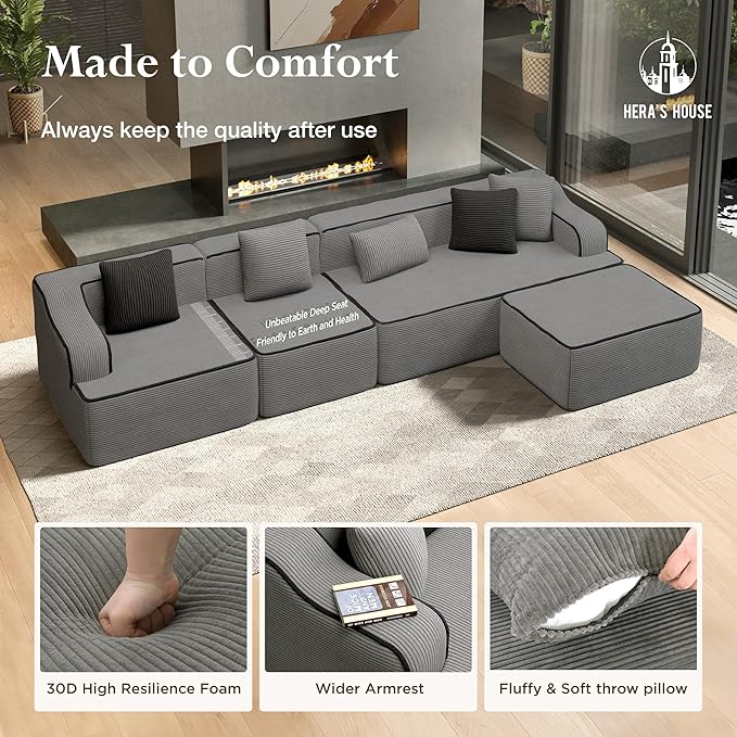 HERA'S HOUSE 134" Cloud Sectional Couch, L-Shaped Modular Upholstered Sofa with Ottoman, Corduroy Boneless Couches with Wide Armrest and 5 Throw Pillows for Living Room, No Assembly Required, Grey