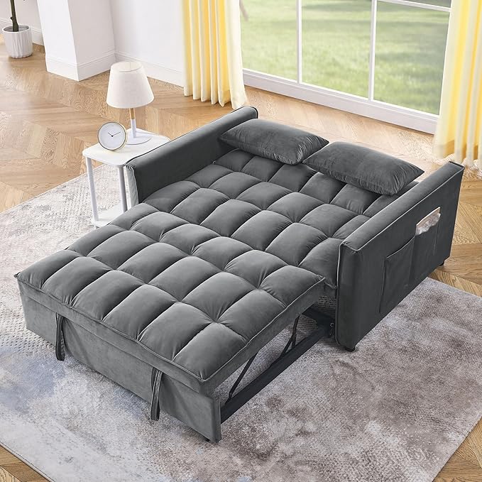 3 in 1 Convertible Sleeper Sofa Bed, Futon Couches for Living Room with Side Pocket | Adjustable Backrest| Velvet Fabric | Pull Out Couch | Love seat Sofa|2-seat Sofa Bed (Grey)