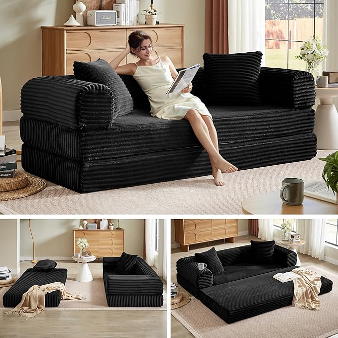 Chorlenimi Boneless Couch Futon Sofa Bed Sectional Couches for Living Room,Cloud Couch with Sleeper Sofa,Sofas for Living Room Oversized Corduroy Upholstered (Black, 76 Inches (No Iron Frame))