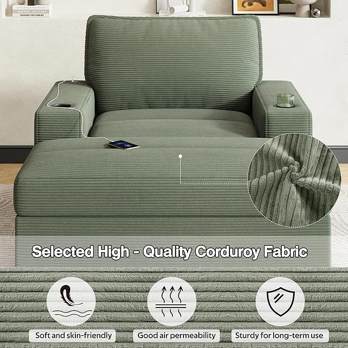 Merax 42.8" Oversized Chaise Lounge Chair with Storage Ottoman,Corduroy Sofa Bed with Cup Holders,USB Charging Port,Upholstered Sleeper Chair,Deep - Seat Reading Couch for Living Room,Bedroom,Green