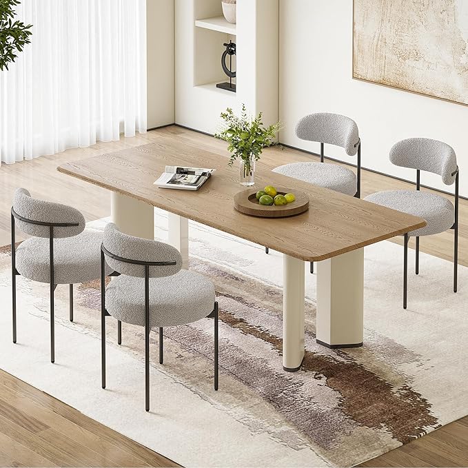Farini Dining Chairs Set of 4,Mid-Century Modern Kitchen Chair Curved Backrest Round Upholstered Sherpa Dining Chairs with Metal Legs,Grey