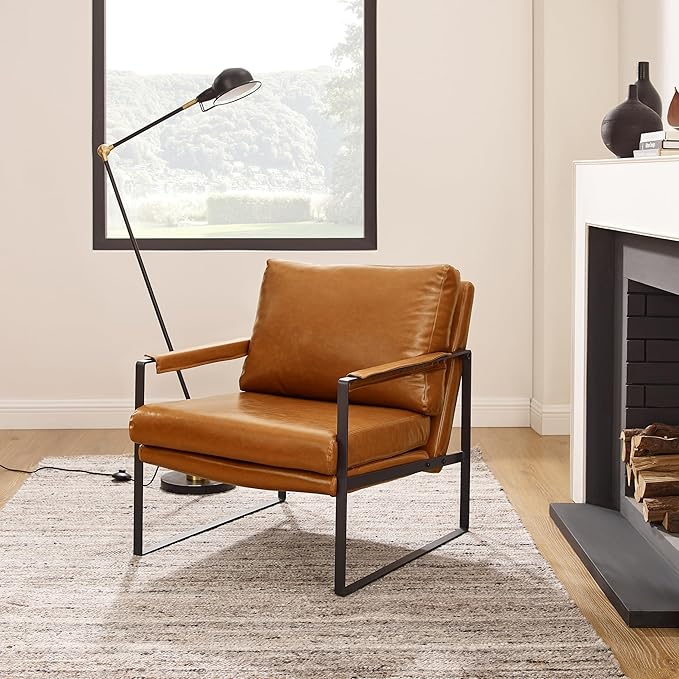 Zouron PU Leather Accent Chair for Bedroom, Living Room Chairs Contemporary Modern Upholstered Armchair with Metal Frame, for Living Room, Office, Reception Area, Set of 2, Brown PU