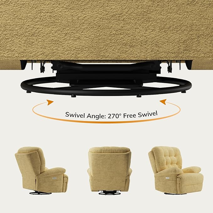 COLAMY Floren Power Swivel Recliner Chair with USB & Type-c Charge,Oversized and Padded Upholstered Deep Seat and Armrest，Rocking Recliner with Double Storage Pockets,Yellow