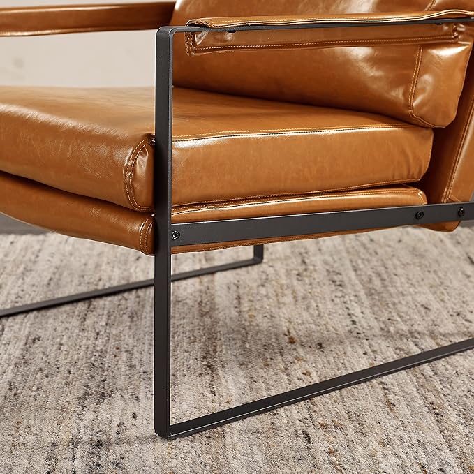 Volans Mid Century Modern Accent Chair with Arms for Living Room, Faux Leather Accent Chairs for Lounge, Metal Frame Armchair Reading Chair Single Sofa for Bedroom Office, Brown