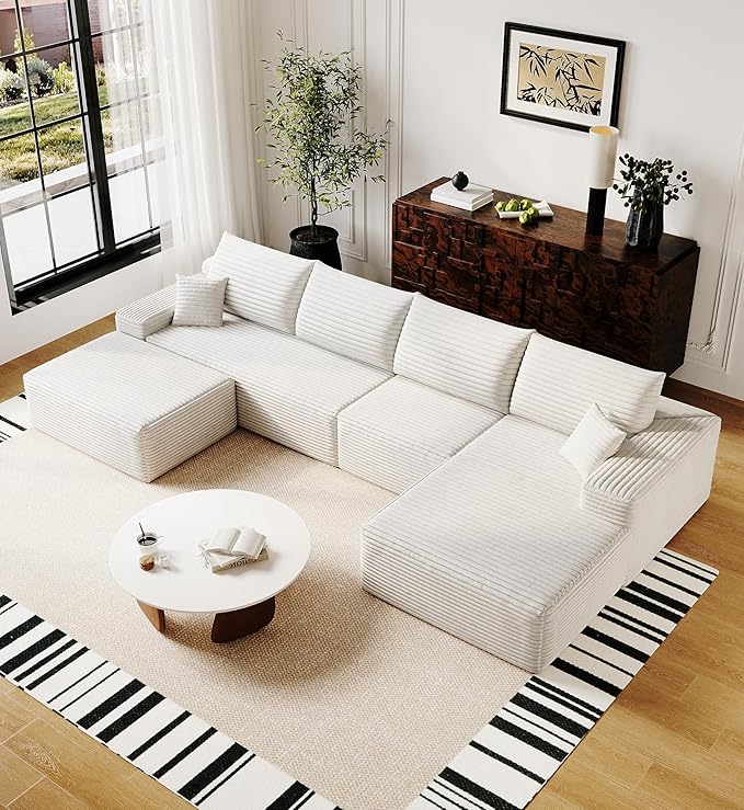 AUGOP 136" Sectional Couches for Living Room Modern Modular Sofa with L-Shape Couchs Upholstered Boneless Couch Deep Seat Sectional Couch with Chaise (White, Right Facing Chaise+3Seaters+Ottoman)
