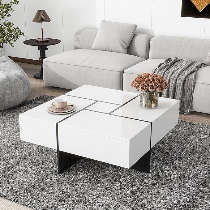 HanStrong 31.5" Square Coffee Table with 4 Hidden Storage Compartments,Cocktail Table with Extendable Sliding Tabletop,UV High-Gloss Design Center Table for Living Room,White