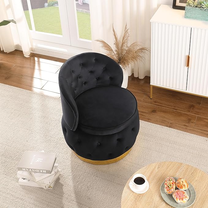 Barrel Chair with Storage, Velvet Round Armchair with Wheels, Soft Tufted Upholstered Easy Chair Tub Chair for Small Space, Living Room, Bedroom, Office, Waiting Room (Black)