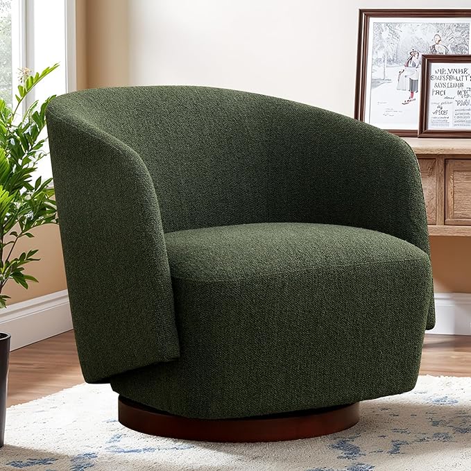 Boucle Swivel Accent Chairs Set of 2, No Assembly Upholstered Armchair with Rubberwood Base, 360° Rotating Living Room Chairs Set of 2 for Bedroom, Apartment & Reading Nook (2, Green)