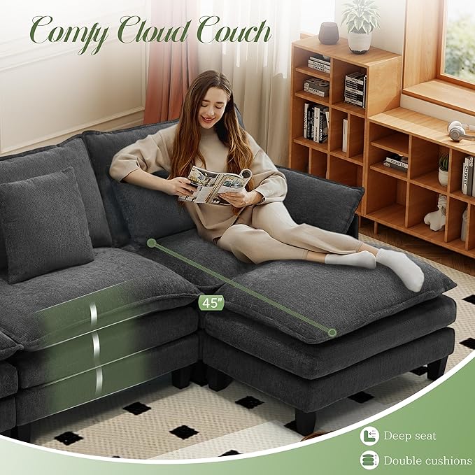 Comfy Cloud Couch with Movable Ottoman, Modular Sectional Sofa, 106" L Shaped Modern Sofa with Pillows, Deep Seat Couches for Living Room, Bedroom and Apartment, Grey