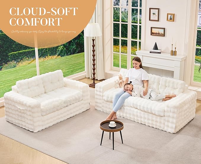 Hobestluk 3-Seater Sofa Boneless Couch with Tufted Button Design 2 in 1 Comfy Cloud Couch Oversized Sofa for Living Room Bedroom Apartment or Office (White, 3 Seater)