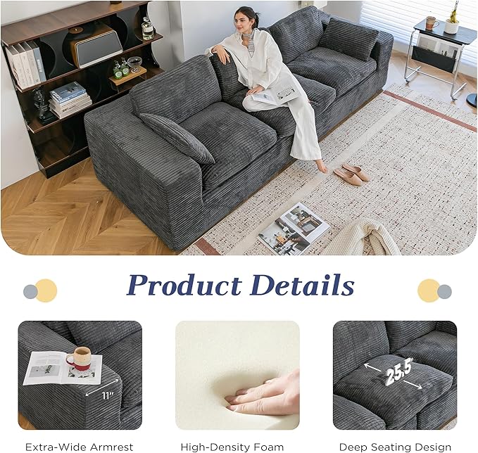 Esright 110" Oversized Sofa for Living Room, Cloud Boneless Couch with Fluffy Seat Cushions, 3 Seater Upholstered Floor Sofa, No Assembly Required, Grey