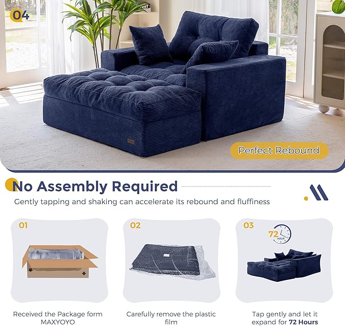 MAXYOYO Oversized Chaise Lounge Sofa, Upholstered Lounge Chair with 3 Pillows, Tufted Boneless Sofa Couch with Ottoman, Deep Seat Sleeper Chair for Living Room, Bedroom, No Assembly, Navy